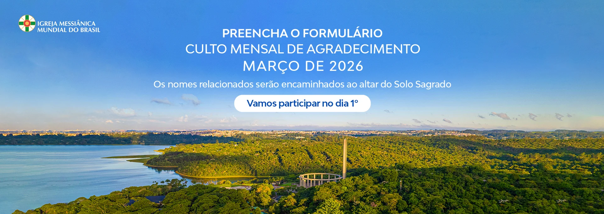 Banner do Formulário do Culto Mensal de Agradecimento de Março de 2026