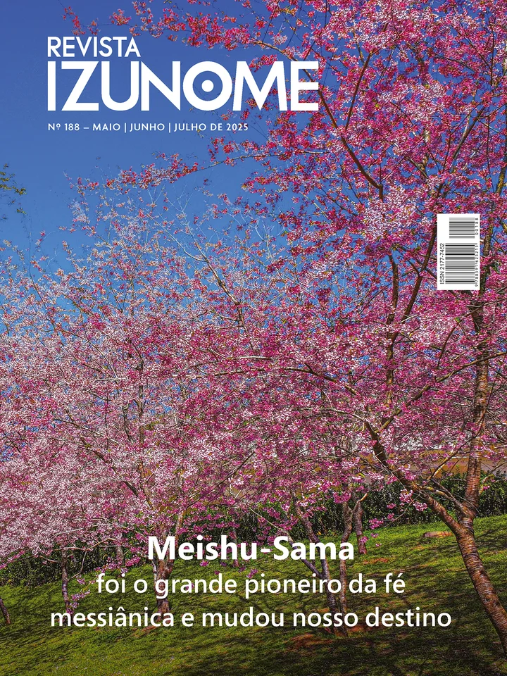 Capa da Revista Izunome, edição 188 com o título “Meishu-Sama foi o grande pioneiro da fé messiânica e mudou nosso destino”.