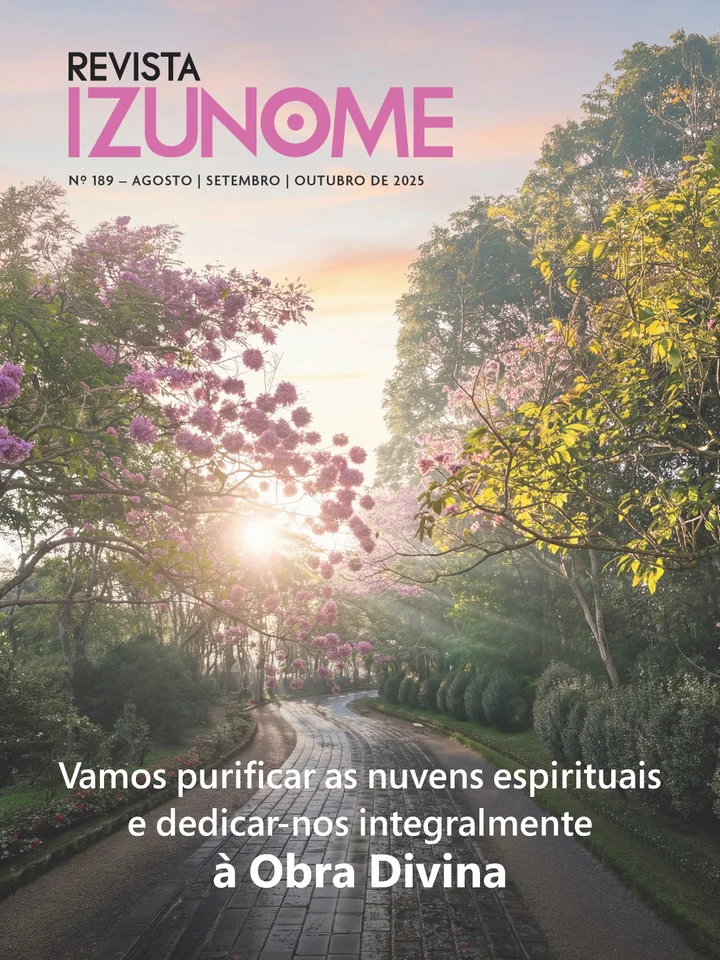 Capa da Revista Izunome, edição 189 com o título “Vamos purificar as nuvens espirituais e dedicar-nos integralmente à Obra Divina”.