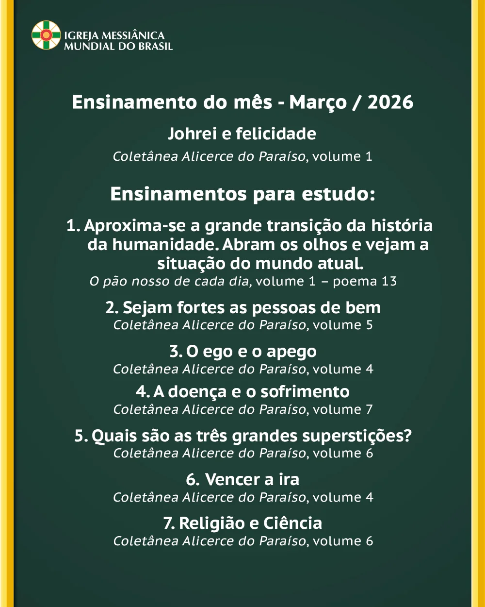 Capa do vídeo “Ensinamentos para estudo do mês de Março de 2026 - IMMB”